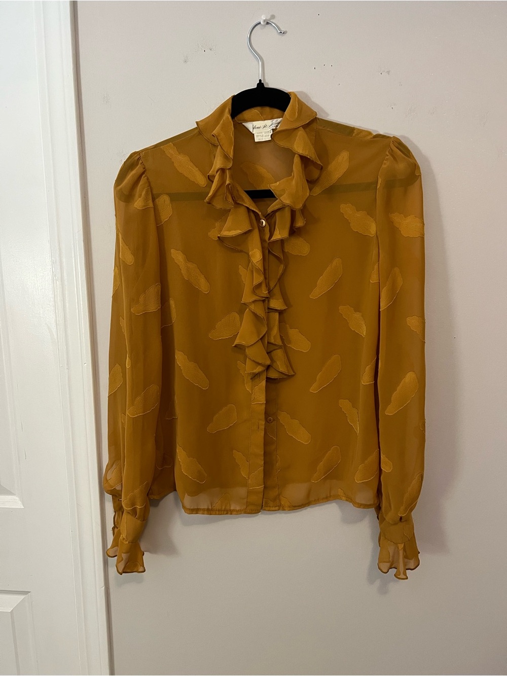 Vintage Helene ST Marie Ruffle Front Blouse in Mustard,9/10